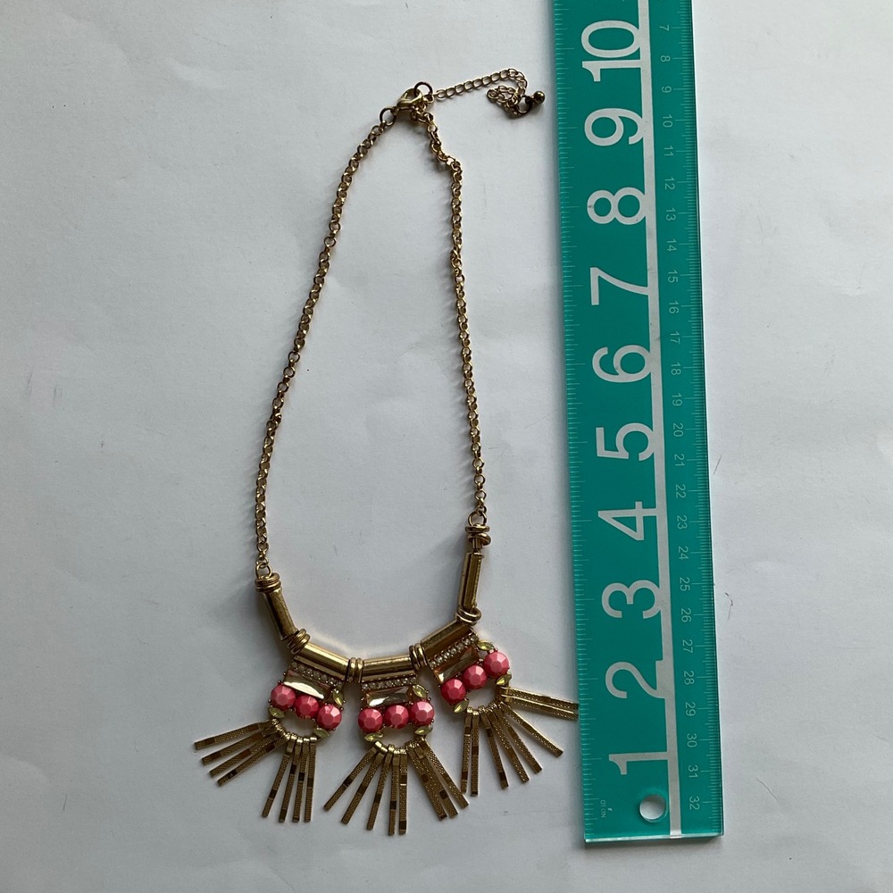 VTGStyle Gold Tone Coral Bead Rhinestone Geometric Fringe Statement Bib Necklace - Picture 10 of 10